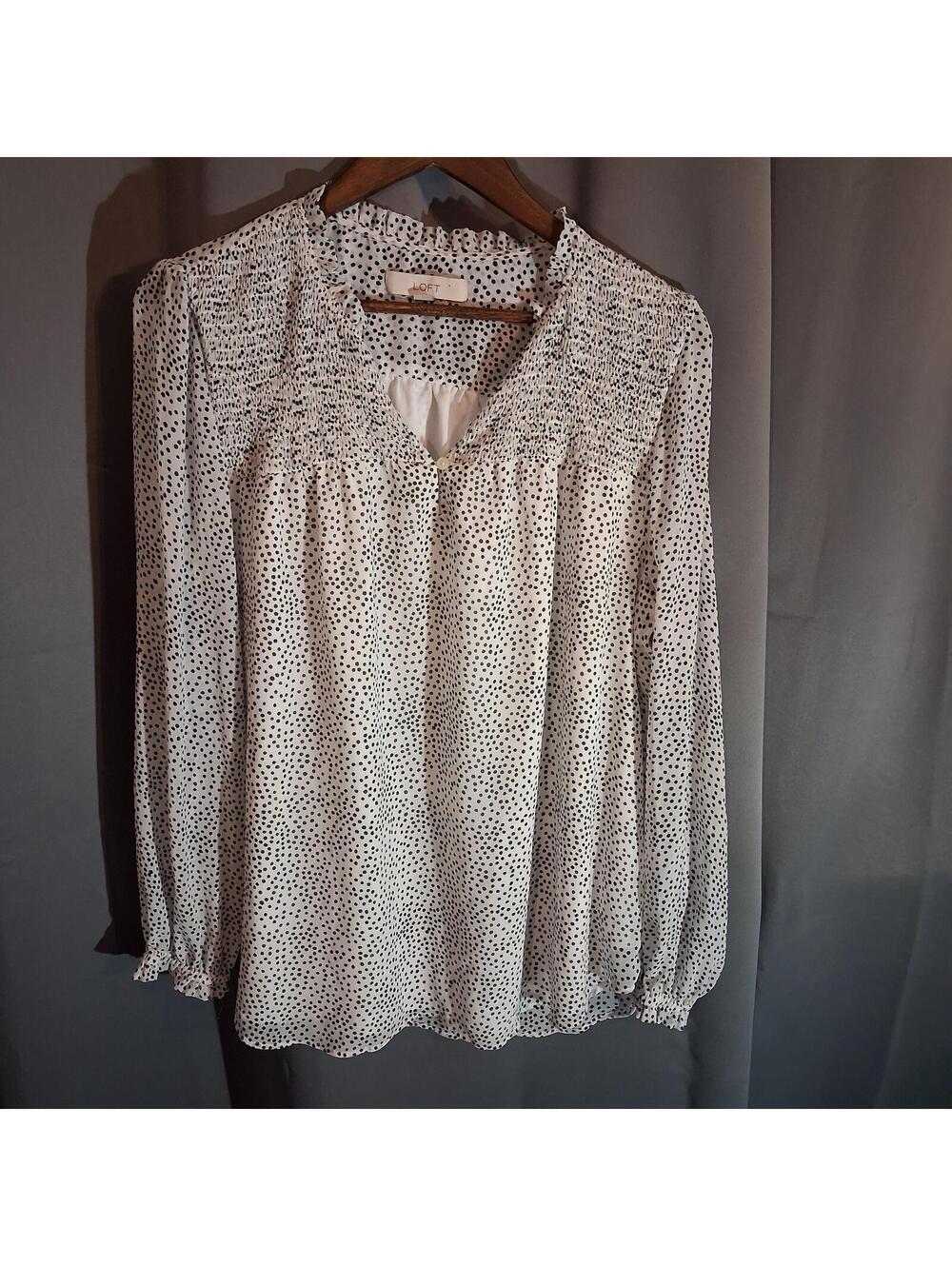Loft White and Black Polka Dot Long Sleeve Blouse